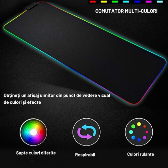 Mousepad de gaming VarioShop® cu iluminare LED, Confectionat din material flexibil, antiaderent si rezistent la umiditate, 4 module de iluminat, 7 culori, Cablu de aprox. 180 cm, Calitate premium, Dim [3]