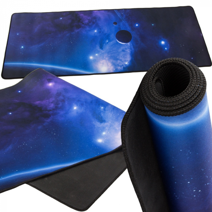 Mousepad de gaming VarioShop®, cu model cosmos cu planete, Confectionat din material flexibil, Antiaderent si rezistent la umiditate, Calitate premium, Dimensiuni 80 x 30 x 0.2 cm, Negru [4]