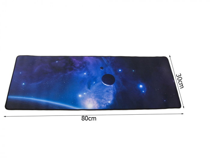 Mousepad de gaming VarioShop®, cu model cosmos cu planete, Confectionat din material flexibil, Antiaderent si rezistent la umiditate, Calitate premium, Dimensiuni 80 x 30 x 0.2 cm, Negru [12]