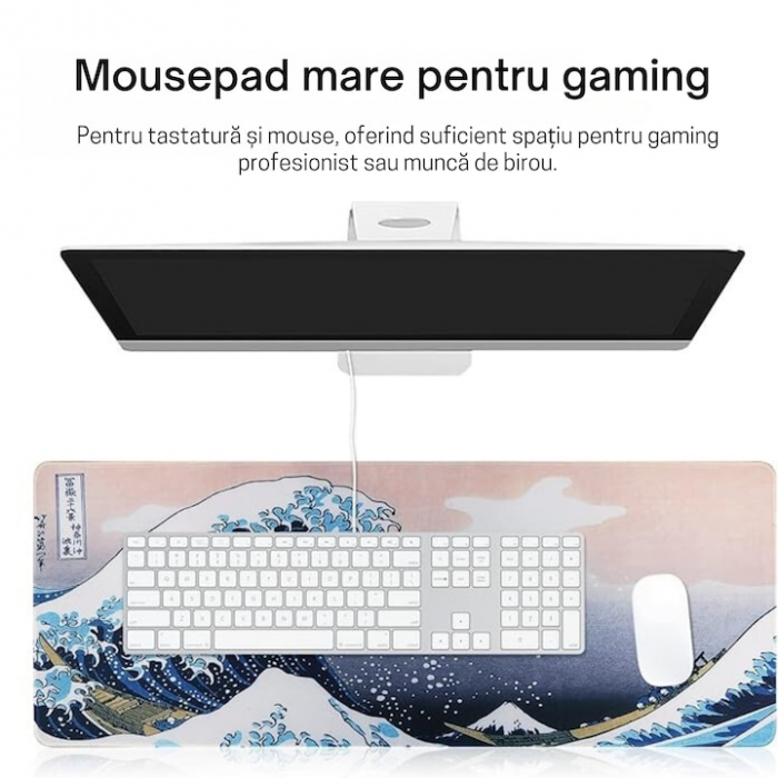 MousePad Gaming Profesional VarioShop®, Cauciucat, Anti-Derapant, Cusaturi Anti-Rupere, Viteza de Alunecare Marita, Model Tsunami, 80x30cm [4]