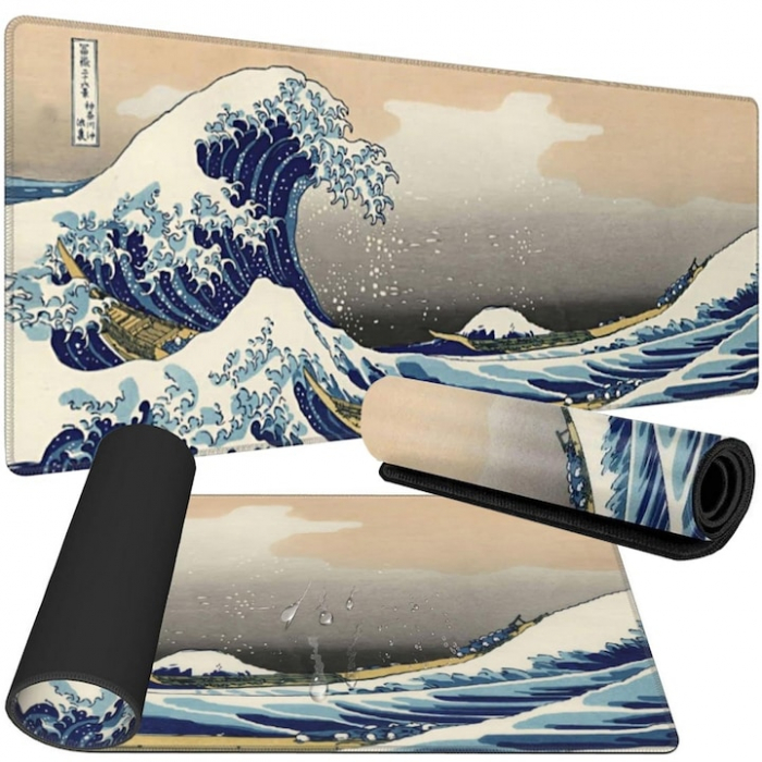 MousePad Gaming Profesional VarioShop®, Cauciucat, Anti-Derapant, Cusaturi Anti-Rupere, Viteza de Alunecare Marita, Model Tsunami, 80x30cm [1]