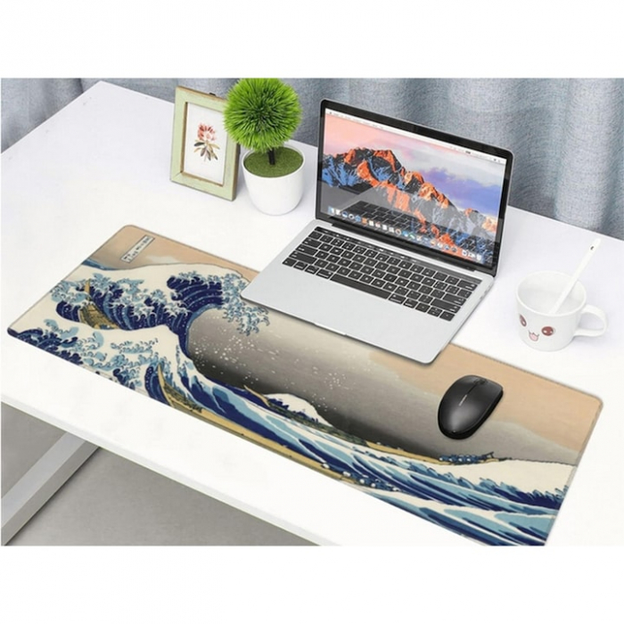 MousePad Gaming Profesional VarioShop®, Cauciucat, Anti-Derapant, Cusaturi Anti-Rupere, Viteza de Alunecare Marita, Model Tsunami, 80x30cm [16]