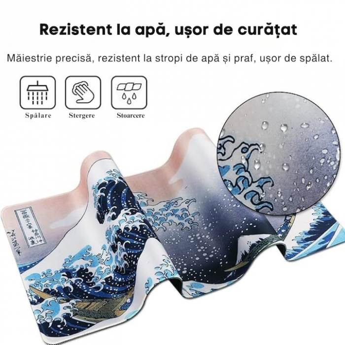 MousePad Gaming Profesional VarioShop®, Cauciucat, Anti-Derapant, Cusaturi Anti-Rupere, Viteza de Alunecare Marita, Model Tsunami, 80x30cm [6]