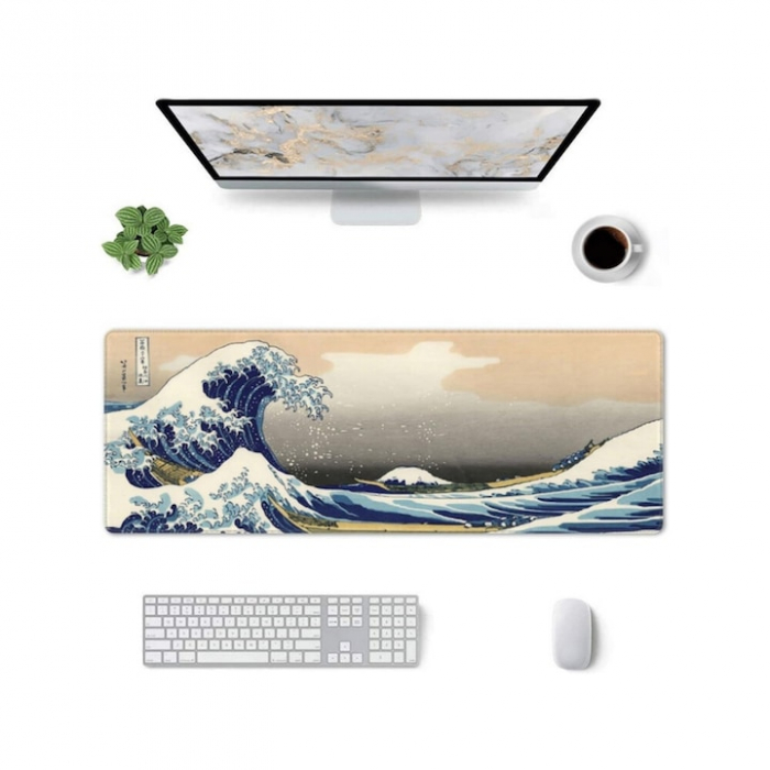 MousePad Gaming Profesional VarioShop®, Cauciucat, Anti-Derapant, Cusaturi Anti-Rupere, Viteza de Alunecare Marita, Model Tsunami, 80x30cm [20]