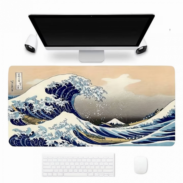 MousePad Gaming Profesional VarioShop®, Cauciucat, Anti-Derapant, Cusaturi Anti-Rupere, Viteza de Alunecare Marita, Model Tsunami, 80x30cm [21]