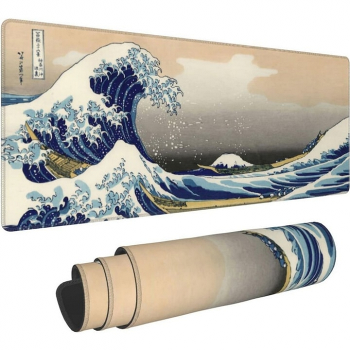 MousePad Gaming Profesional VarioShop®, Cauciucat, Anti-Derapant, Cusaturi Anti-Rupere, Viteza de Alunecare Marita, Model Tsunami, 80x30cm [24]