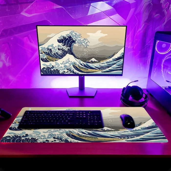 MousePad Gaming Profesional VarioShop®, Cauciucat, Anti-Derapant, Cusaturi Anti-Rupere, Viteza de Alunecare Marita, Model Tsunami, 80x30cm [18]