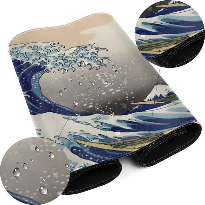 MousePad Gaming Profesional VarioShop®, Cauciucat, Anti-Derapant, Cusaturi Anti-Rupere, Viteza de Alunecare Marita, Model Tsunami, 80x30cm [13]