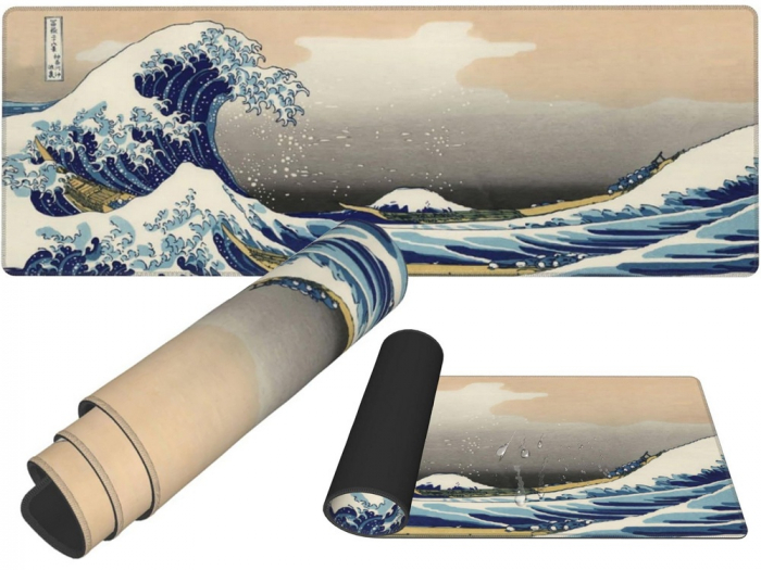 MousePad Gaming Profesional VarioShop®, Cauciucat, Anti-Derapant, Cusaturi Anti-Rupere, Viteza de Alunecare Marita, Model Tsunami, 90x40cm [20]