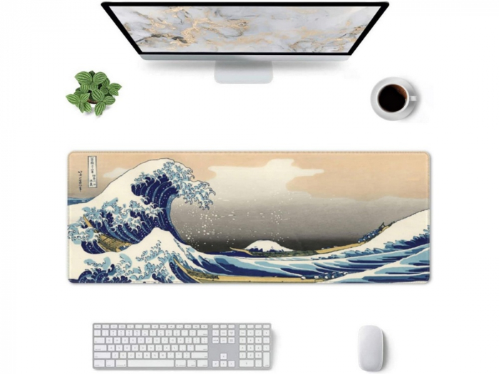 MousePad Gaming Profesional VarioShop®, Cauciucat, Anti-Derapant, Cusaturi Anti-Rupere, Viteza de Alunecare Marita, Model Tsunami, 90x40cm [19]