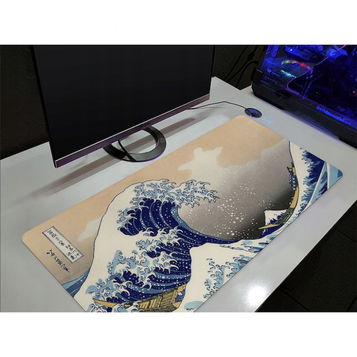 MousePad Gaming Profesional VarioShop®, Cauciucat, Anti-Derapant, Cusaturi Anti-Rupere, Viteza de Alunecare Marita, Model Tsunami, 90x40cm [17]