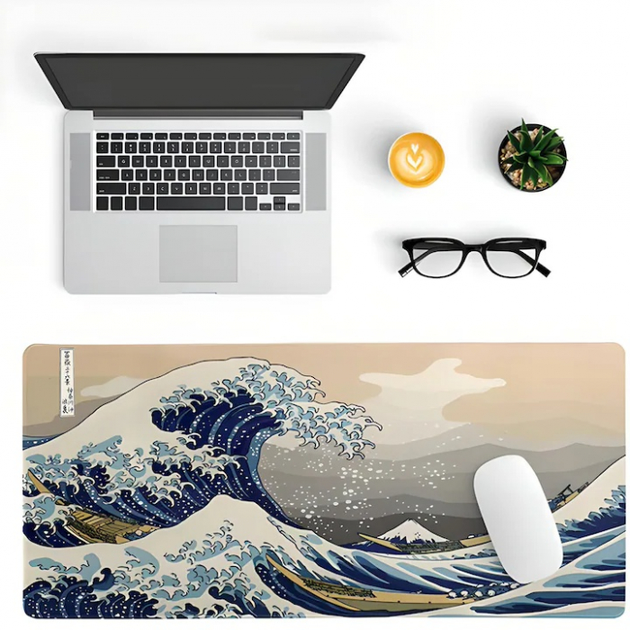 MousePad Gaming Profesional VarioShop®, Cauciucat, Anti-Derapant, Cusaturi Anti-Rupere, Viteza de Alunecare Marita, Model Tsunami, 90x40cm [14]
