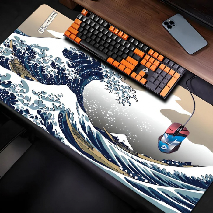 MousePad Gaming Profesional VarioShop®, Cauciucat, Anti-Derapant, Cusaturi Anti-Rupere, Viteza de Alunecare Marita, Model Tsunami, 90x40cm [7]