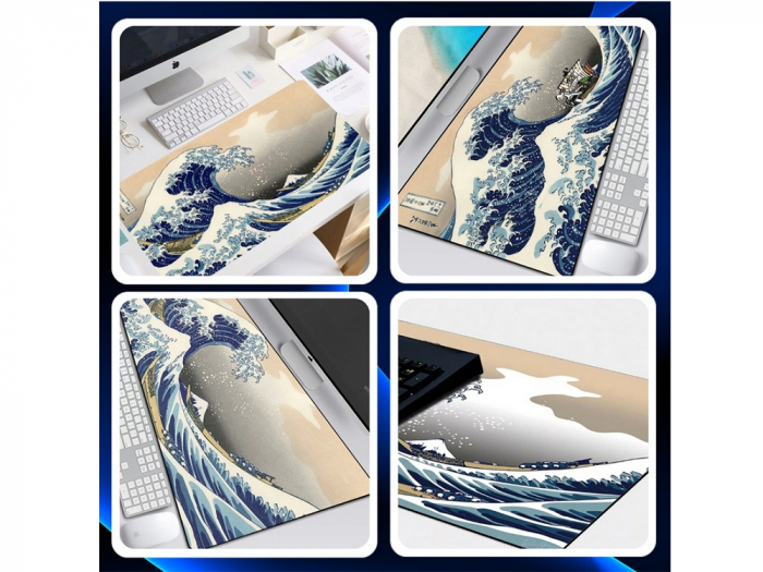 MousePad Gaming Profesional VarioShop®, Cauciucat, Anti-Derapant, Cusaturi Anti-Rupere, Viteza de Alunecare Marita, Model Tsunami, 90x40cm [21]