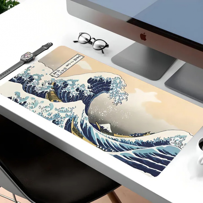 MousePad Gaming Profesional VarioShop®, Cauciucat, Anti-Derapant, Cusaturi Anti-Rupere, Viteza de Alunecare Marita, Model Tsunami, 90x40cm [10]
