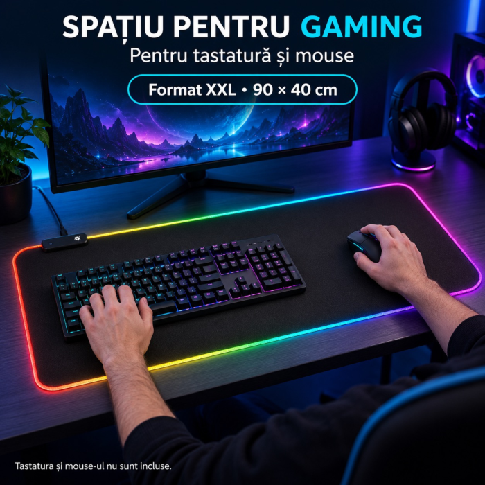 Mousepad gaming XXL VarioShop®, pentru tastatura si mouse, iluminare LED multicolora, alimentare USB, 90 x 40 x 0,4 cm, negru [5]