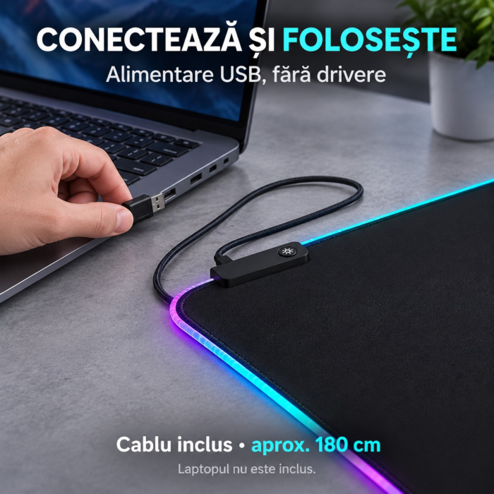 Mousepad gaming XXL VarioShop®, pentru tastatura si mouse, iluminare LED multicolora, alimentare USB, 90 x 40 x 0,4 cm, negru [6]