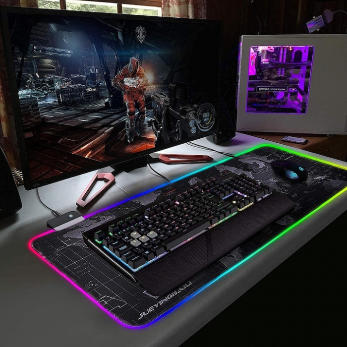 Mousepad Mare Cauciucat VarioShop®, cu Iluminare LED RGB, Pentru Gaming, Birou, Office, Antiderapant, Rezistent la Apa, Cusaturi Anti-Rupere, model Harta Lumii, 90 x 40 cm, Negru [11]
