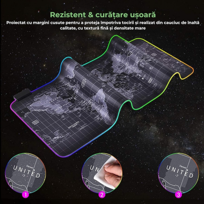 Mousepad Mare Cauciucat VarioShop®, cu Iluminare LED RGB, Pentru Gaming, Birou, Office, Antiderapant, Rezistent la Apa, Cusaturi Anti-Rupere, model Harta Lumii, 90 x 40 cm, Negru [5]