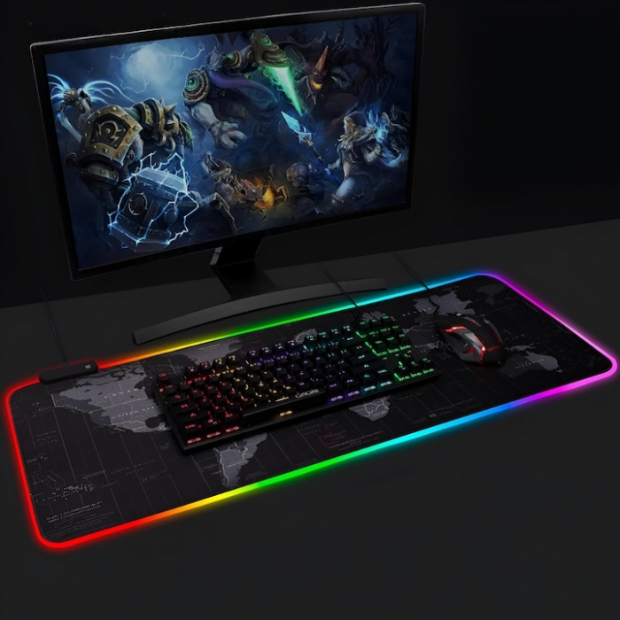 Mousepad Mare Cauciucat VarioShop®, cu Iluminare LED RGB, Pentru Gaming, Birou, Office, Antiderapant, Rezistent la Apa, Cusaturi Anti-Rupere, model Harta Lumii, 90 x 40 cm, Negru [3]
