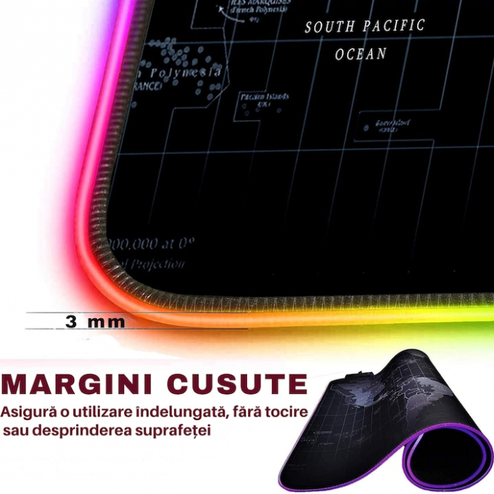 Mousepad Mare Cauciucat VarioShop®, cu Iluminare LED RGB, Pentru Gaming, Birou, Office, Antiderapant, Rezistent la Apa, Cusaturi Anti-Rupere, model Harta Lumii, 90 x 40 cm, Negru [8]