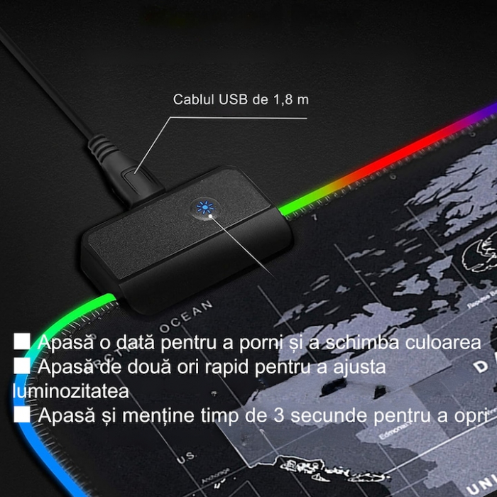 Mousepad Mare Cauciucat VarioShop®, cu Iluminare LED RGB, Pentru Gaming, Birou, Office, Antiderapant, Rezistent la Apa, Cusaturi Anti-Rupere, model Harta Lumii, 90 x 40 cm, Negru [13]