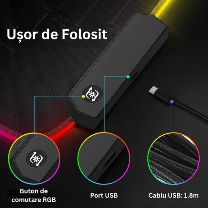 Mousepad Mare Cauciucat VarioShop®, cu Iluminare LED RGB, Pentru Gaming, Birou, Office, Antiderapant, Rezistent la Apa, Cusaturi Anti-Rupere, model Harta Lumii, 90 x 40 cm, Negru [6]