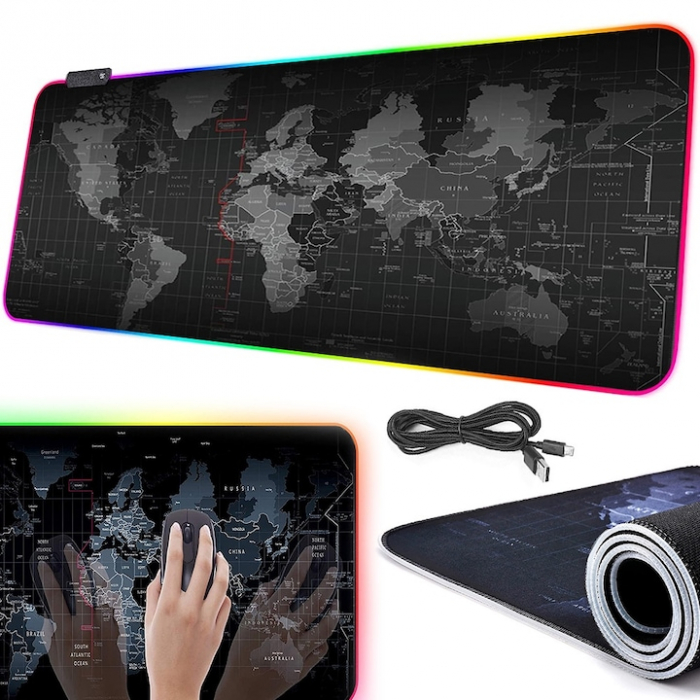 Mousepad Mare Cauciucat VarioShop®, cu Iluminare LED RGB, Pentru Gaming, Birou, Office, Antiderapant, Rezistent la Apa, Cusaturi Anti-Rupere, model Harta Lumii, 90 x 40 cm, Negru [18]