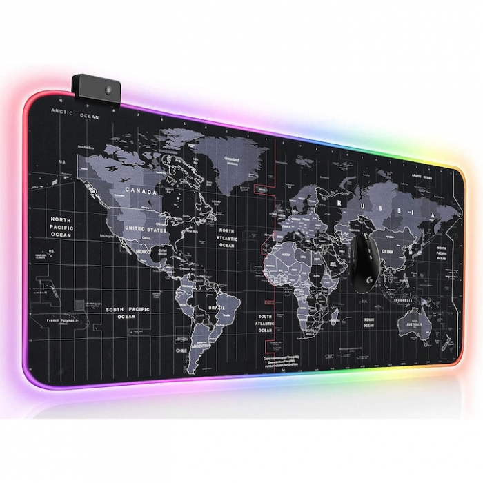 Mousepad Mare Cauciucat VarioShop®, cu Iluminare LED RGB, Pentru Gaming, Birou, Office, Antiderapant, Rezistent la Apa, Cusaturi Anti-Rupere, model Harta Lumii, 90 x 40 cm, Negru [14]