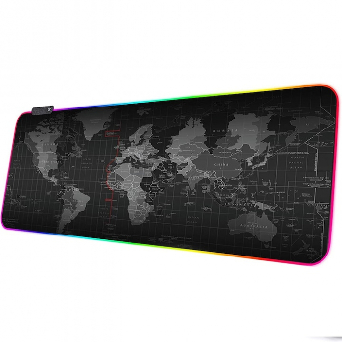 Mousepad Mare Cauciucat VarioShop®, cu Iluminare LED RGB, Pentru Gaming, Birou, Office, Antiderapant, Rezistent la Apa, Cusaturi Anti-Rupere, model Harta Lumii, 90 x 40 cm, Negru [1]