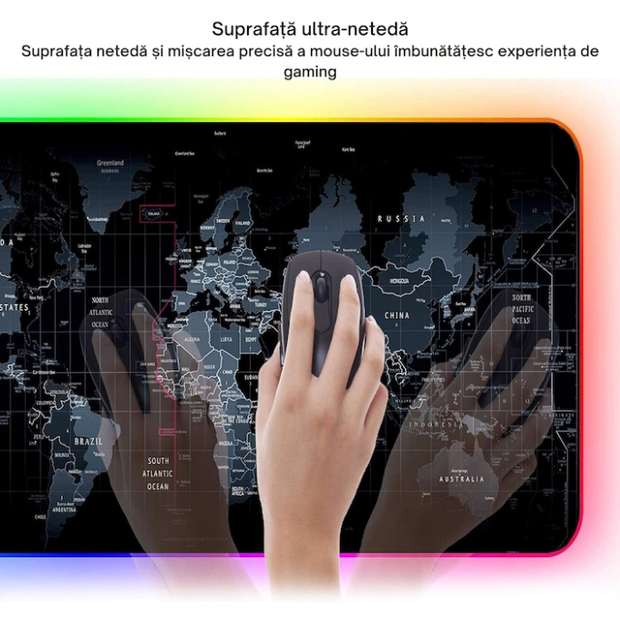 Mousepad Mare Cauciucat VarioShop®, cu Iluminare LED RGB, Pentru Gaming, Birou, Office, Antiderapant, Rezistent la Apa, Cusaturi Anti-Rupere, model Harta Lumii, 90 x 40 cm, Negru [10]