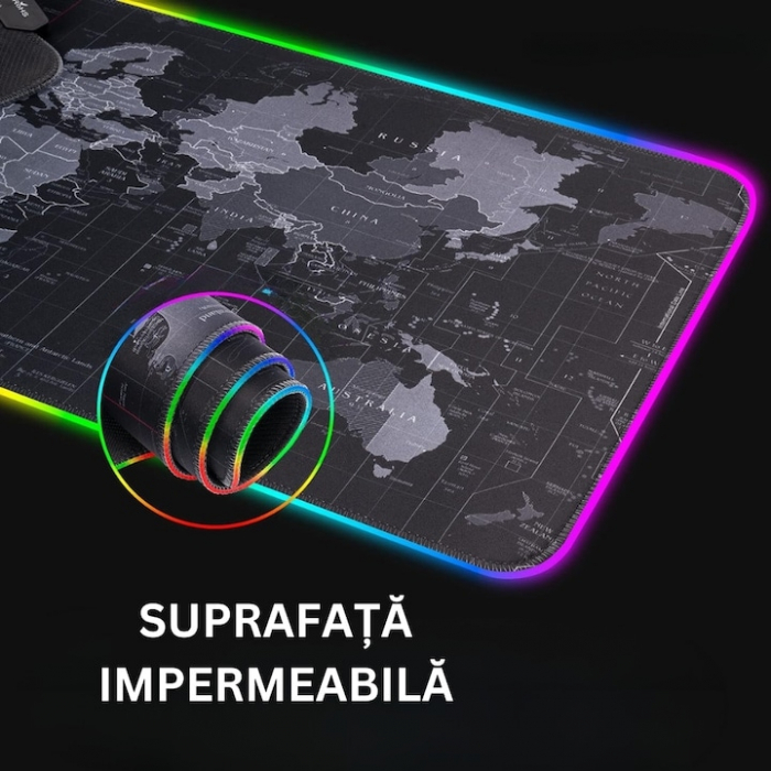 Mousepad Mare Cauciucat VarioShop®, cu Iluminare LED RGB, Pentru Gaming, Birou, Office, Antiderapant, Rezistent la Apa, Cusaturi Anti-Rupere, model Harta Lumii, 90 x 40 cm, Negru [9]