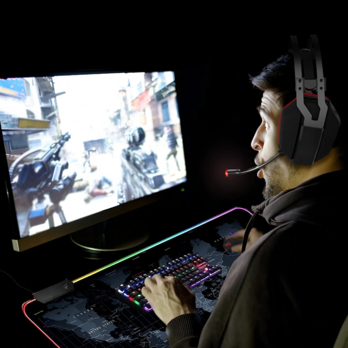 Mousepad Mare Cauciucat VarioShop®, cu Iluminare LED RGB, Pentru Gaming, Birou, Office, Antiderapant, Rezistent la Apa, Cusaturi Anti-Rupere, model Harta Lumii, 90 x 40 cm, Negru [17]