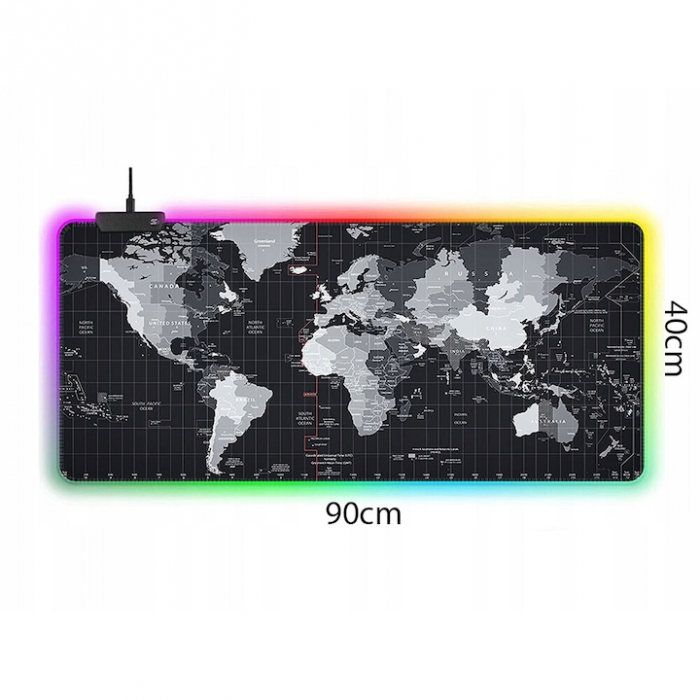 Mousepad Mare Cauciucat VarioShop®, cu Iluminare LED RGB, Pentru Gaming, Birou, Office, Antiderapant, Rezistent la Apa, Cusaturi Anti-Rupere, model Harta Lumii, 90 x 40 cm, Negru [2]