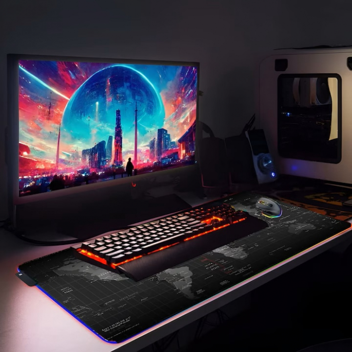 Mousepad Mare Cauciucat VarioShop®, cu Iluminare LED RGB, Pentru Gaming, Birou, Office, Antiderapant, Rezistent la Apa, Cusaturi Anti-Rupere, model Harta Lumii, 90 x 40 cm, Negru [7]