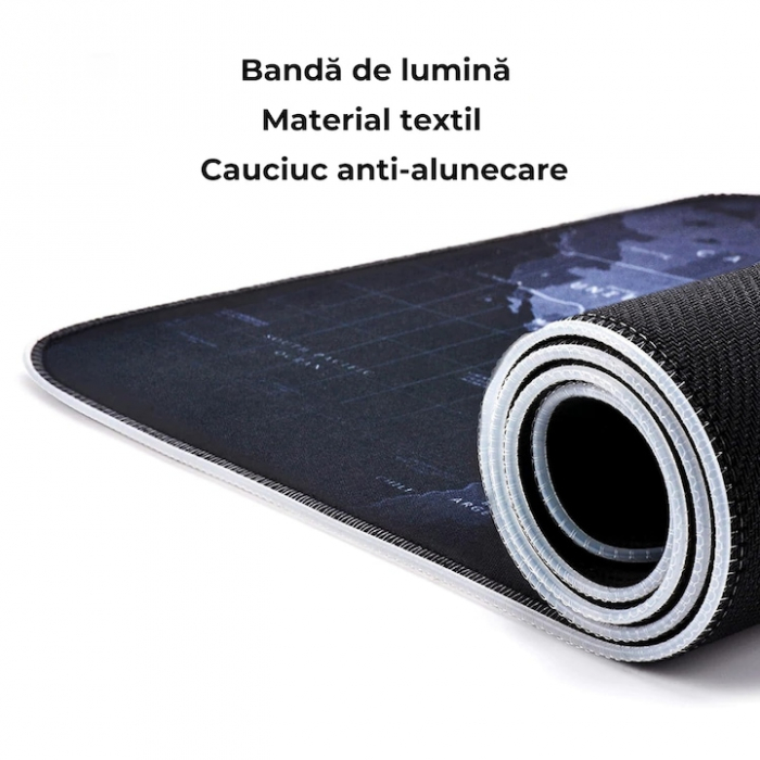 Mousepad Mare Cauciucat VarioShop®, cu Iluminare LED RGB, Pentru Gaming, Birou, Office, Antiderapant, Rezistent la Apa, Cusaturi Anti-Rupere, model Harta Lumii, 90 x 40 cm, Negru [16]