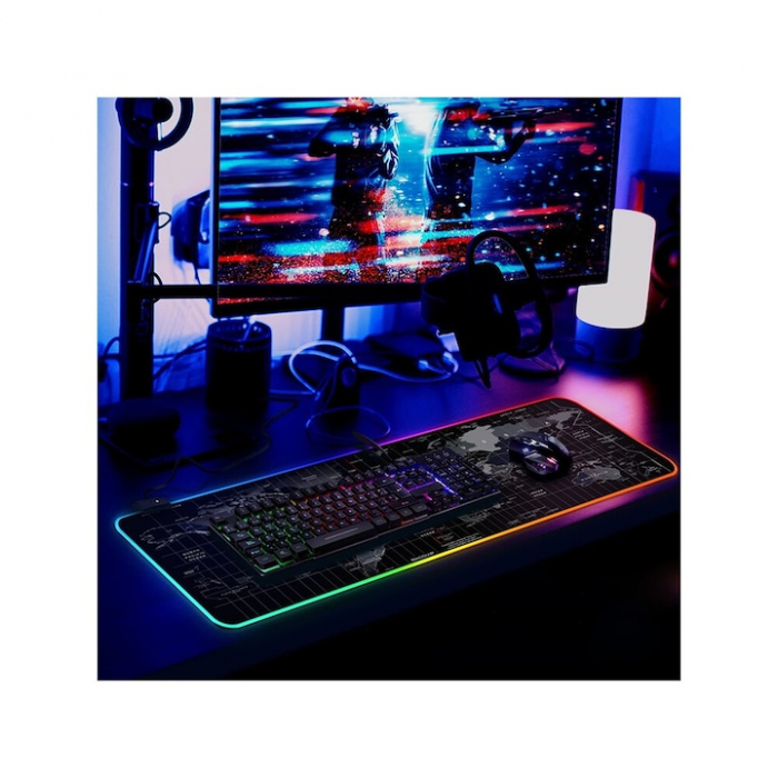 Mousepad Mare Cauciucat VarioShop®, cu Iluminare LED RGB, Pentru Gaming, Birou, Office, Antiderapant, Rezistent la Apa, Cusaturi Anti-Rupere, model Harta Lumii, 90 x 40 cm, Negru [4]