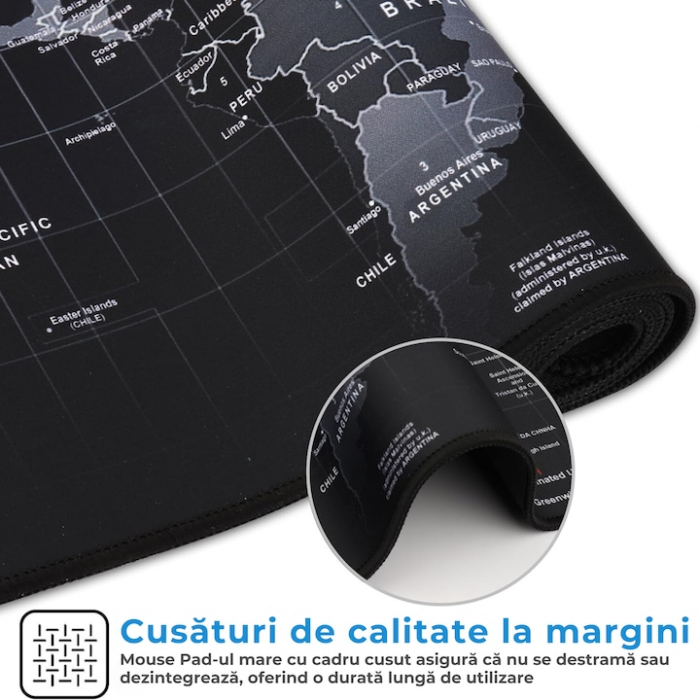 Mousepad Mare Cauciucat VarioShop®, Pentru Gaming, Birou, Office, Antiderapant, Rezistent la Apa, Cusaturi Anti-Rupere, model Harta Lumii, 80 x 30 cm, Negru [5]