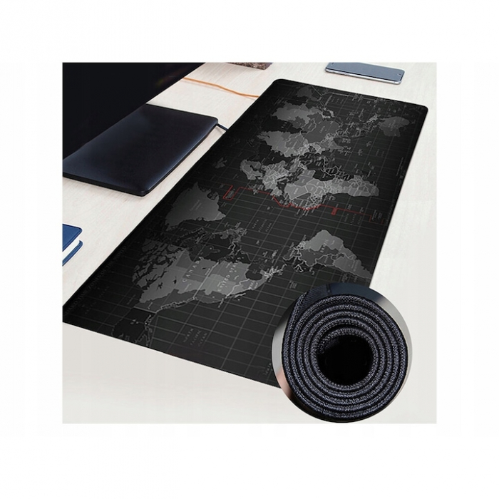Mousepad Mare Cauciucat VarioShop®, Pentru Gaming, Birou, Office, Antiderapant, Rezistent la Apa, Cusaturi Anti-Rupere, model Harta Lumii, 80 x 30 cm, Negru [12]