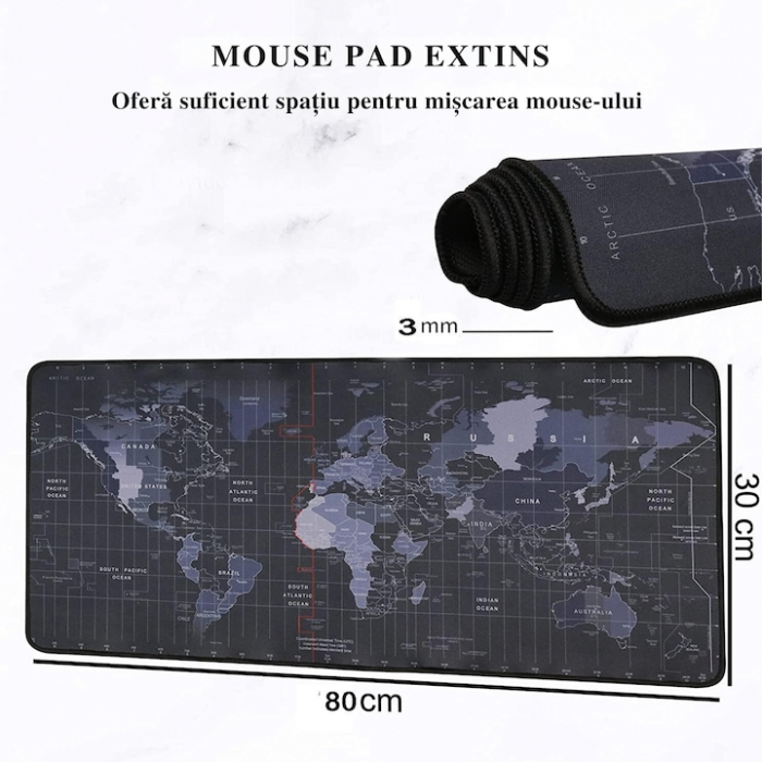 Mousepad Mare Cauciucat VarioShop®, Pentru Gaming, Birou, Office, Antiderapant, Rezistent la Apa, Cusaturi Anti-Rupere, model Harta Lumii, 80 x 30 cm, Negru [10]
