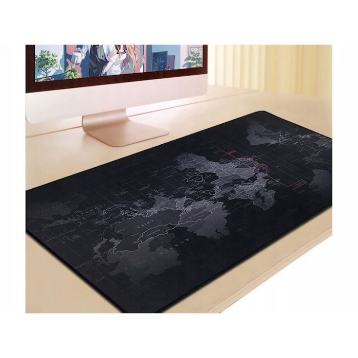 Mousepad Mare Cauciucat VarioShop®, Pentru Gaming, Birou, Office, Antiderapant, Rezistent la Apa, Cusaturi Anti-Rupere, model Harta Lumii, 80 x 30 cm, Negru [1]
