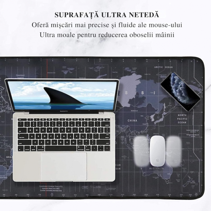 Mousepad Mare Cauciucat VarioShop®, Pentru Gaming, Birou, Office, Antiderapant, Rezistent la Apa, Cusaturi Anti-Rupere, model Harta Lumii, 90 x 40 cm, Negru [3]