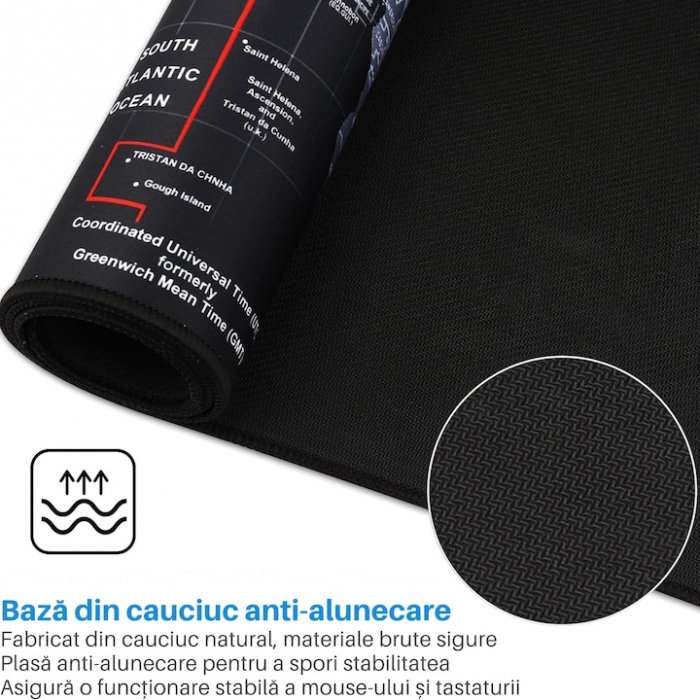 Mousepad Mare Cauciucat VarioShop®, Pentru Gaming, Birou, Office, Antiderapant, Rezistent la Apa, Cusaturi Anti-Rupere, model Harta Lumii, 90 x 40 cm, Negru [7]