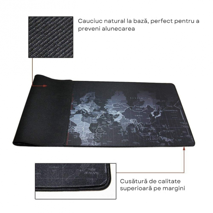Mousepad Mare Cauciucat VarioShop®, Pentru Gaming, Birou, Office, Antiderapant, Rezistent la Apa, Cusaturi Anti-Rupere, model Harta Lumii, 90 x 40 cm, Negru [9]