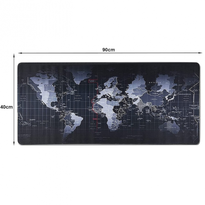 Mousepad Mare Cauciucat VarioShop®, Pentru Gaming, Birou, Office, Antiderapant, Rezistent la Apa, Cusaturi Anti-Rupere, model Harta Lumii, 90 x 40 cm, Negru [11]