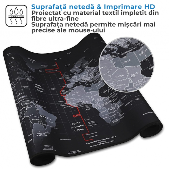Mousepad Mare Cauciucat VarioShop®, Pentru Gaming, Birou, Office, Antiderapant, Rezistent la Apa, Cusaturi Anti-Rupere, model Harta Lumii, 90 x 40 cm, Negru [6]