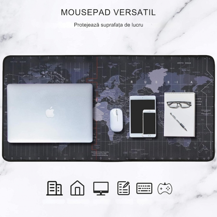 Mousepad Mare Cauciucat VarioShop®, Pentru Gaming, Birou, Office, Antiderapant, Rezistent la Apa, Cusaturi Anti-Rupere, model Harta Lumii, 90 x 40 cm, Negru [1]