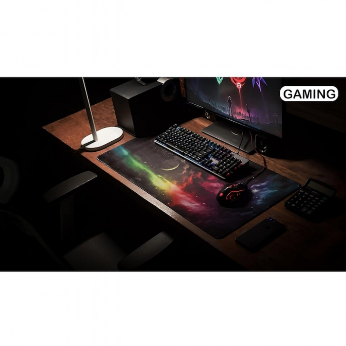 Mousepad pentru gaming VarioShop®, model cosmos, confectionat din material flexibil, antiaderent, rezistent la apa, cusaturi anti-rupere, dimensiuni 80 x 30 cm, Multicolor [5]