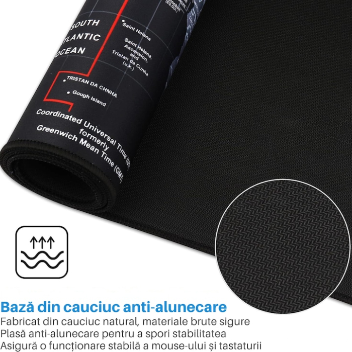 Mousepad VarioShop Harta Lumii, Antiderapant, Rezistent la Apa, Negru/Gri, 88x30cm [3]