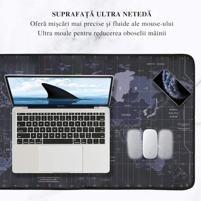 Mousepad VarioShop Harta Lumii, Antiderapant, Rezistent la Apa, Negru/Gri, 88x30cm [7]